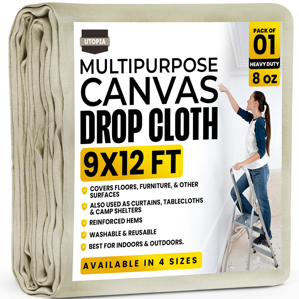 Utopia Home drop cloth painting coverage 9x12 ft protects floors from spills.