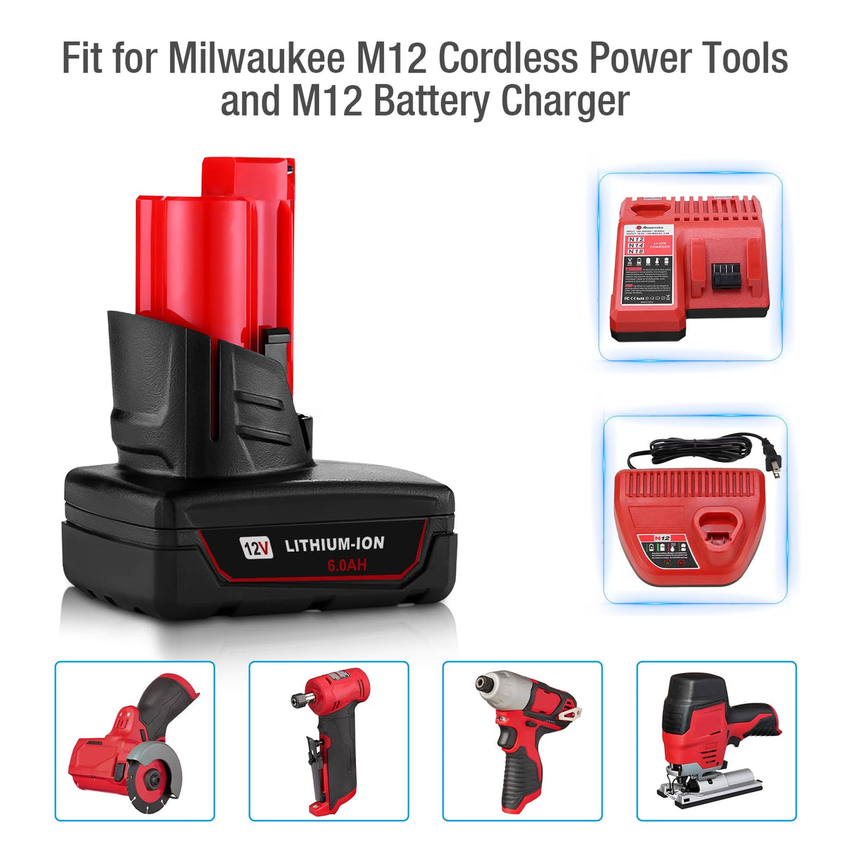 UTRBATT 12V 6.0Ah battery Milwaukee compatibility highlight.