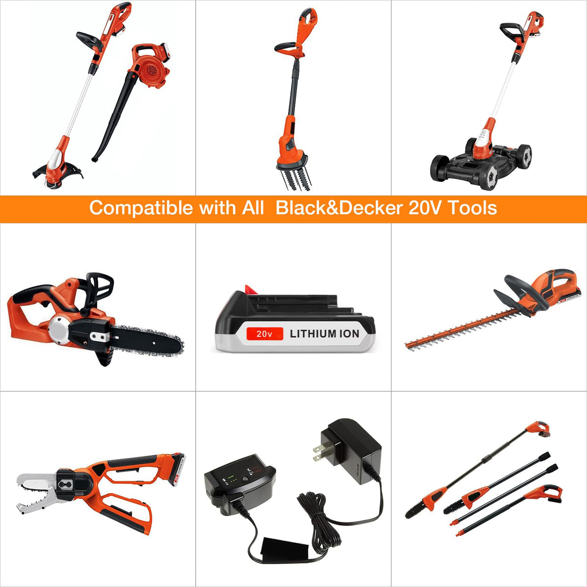 UTRBATT two-pack 3600mAh 20V ready-to-use display with Black Decker tools.
