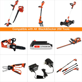 UTRBATT two-pack 3600mAh 20V ready-to-use display with Black Decker tools.