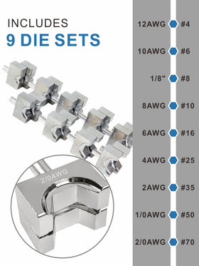 UTZIKO dies set covers 12 AWG to 2/0 AWG for versatile cables.