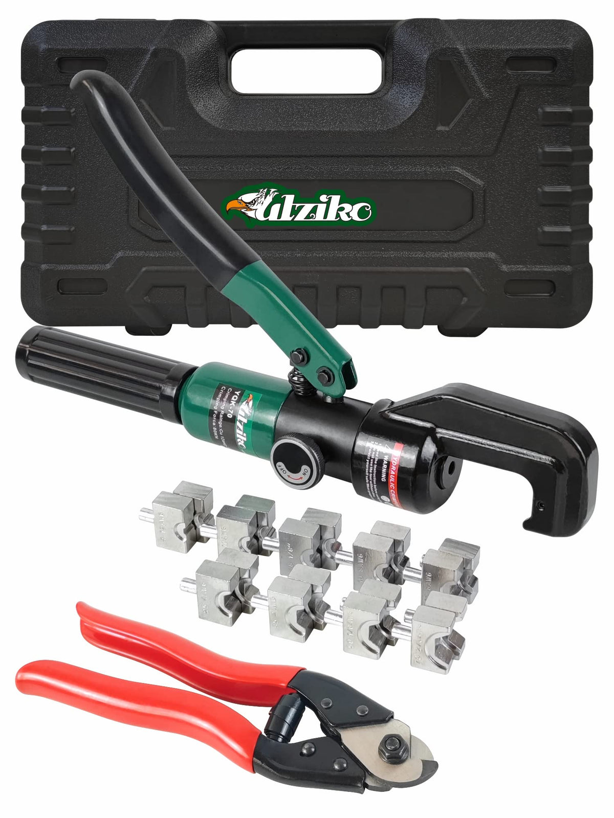 UTZIKO hydraulic crimper with rotatable head for tight spaces and precise crimps.