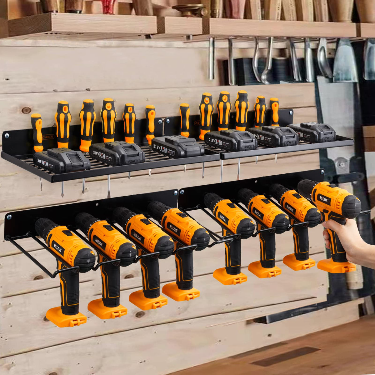 UU-Major drill holder on wall keeps drills within reach and organized.