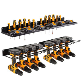 UU-Major power tool organizer with charging station mounted on wall for easy tool access.