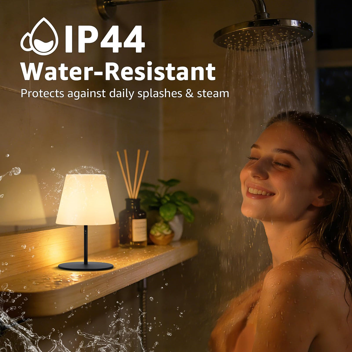 Uuffoo mini shower lamp warm white mode to create cozy bedside illumination.