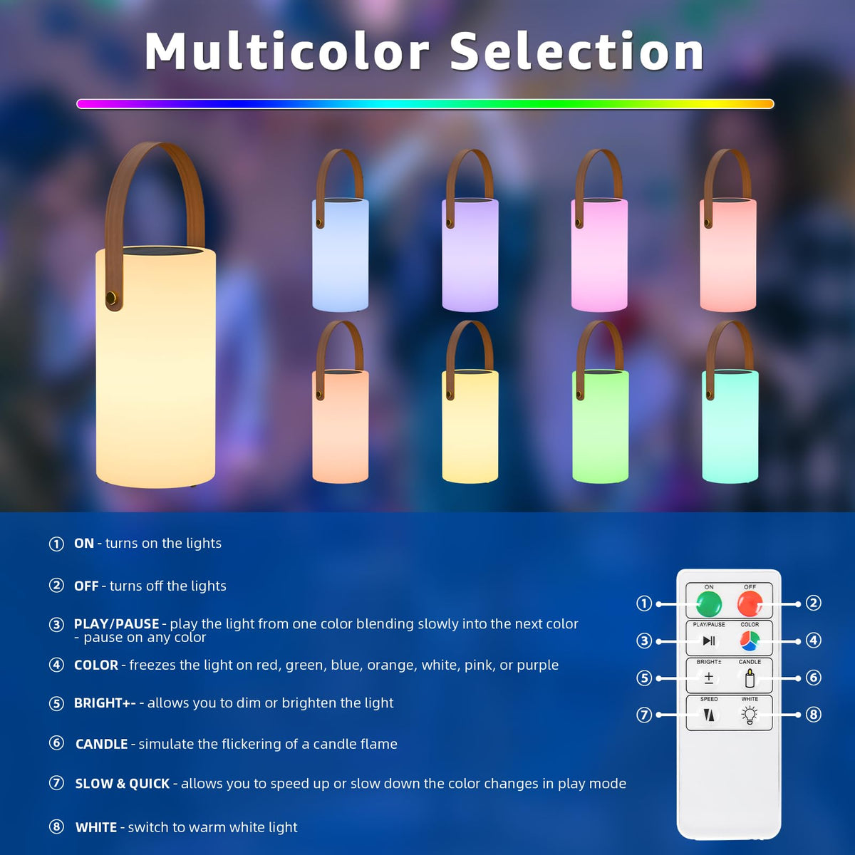 Eight color options on the Uuffoo solar table lamp for mood lighting