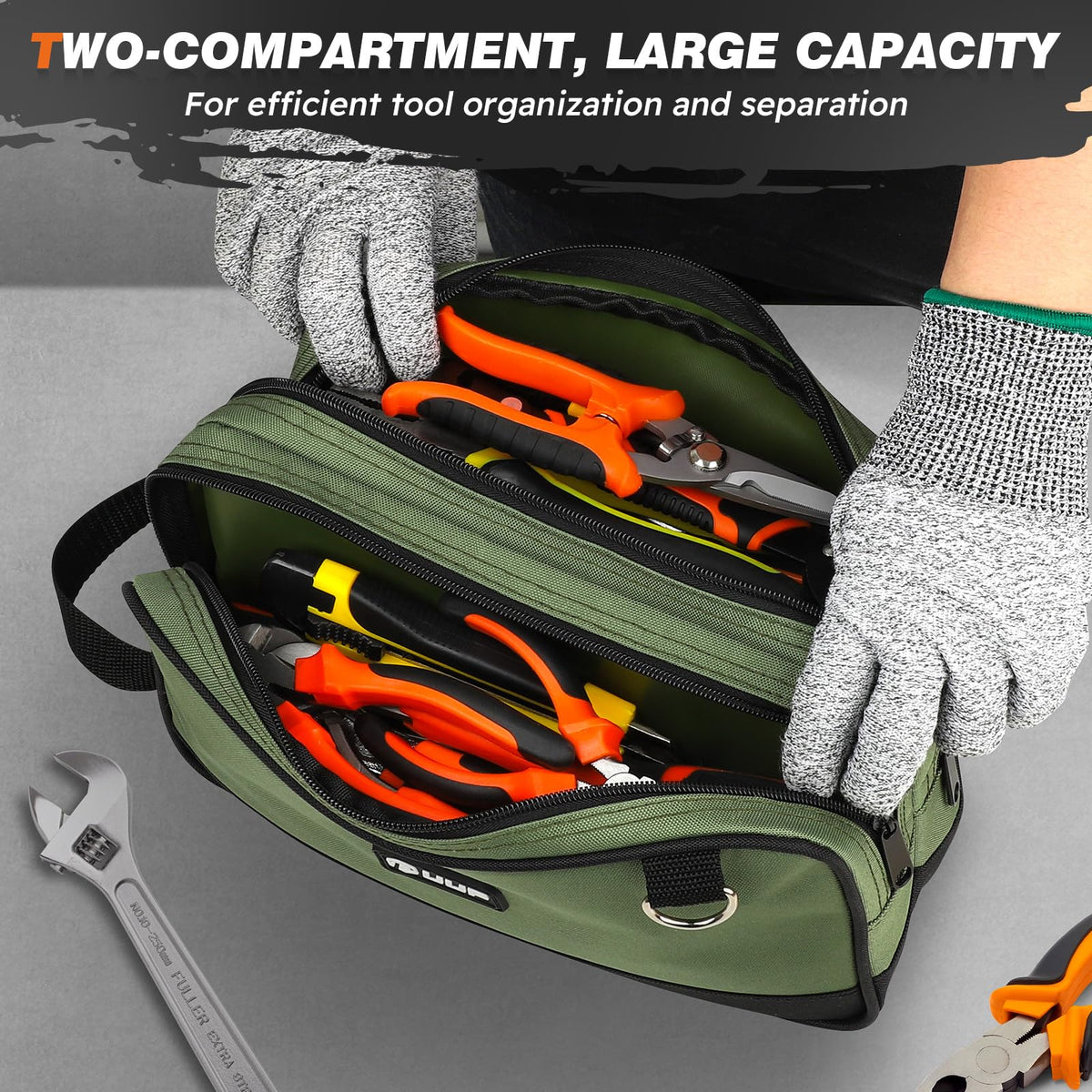 UUP 12-inch tool bag side view showing sturdy carry handle and D-rings.