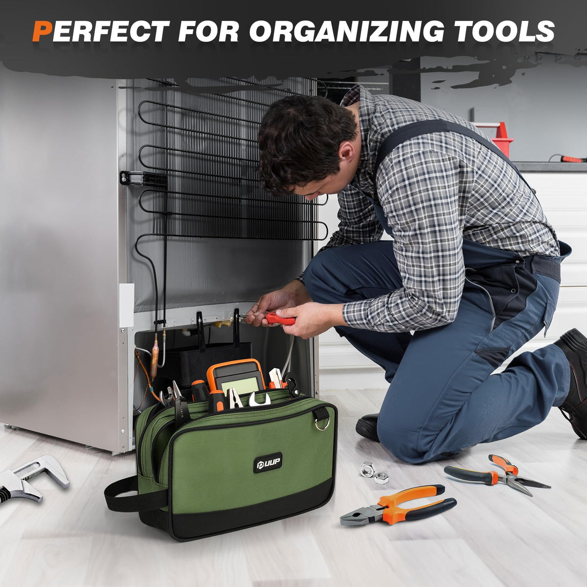 UUP 12-inch tool bag waterproof PVC lining protects contents.