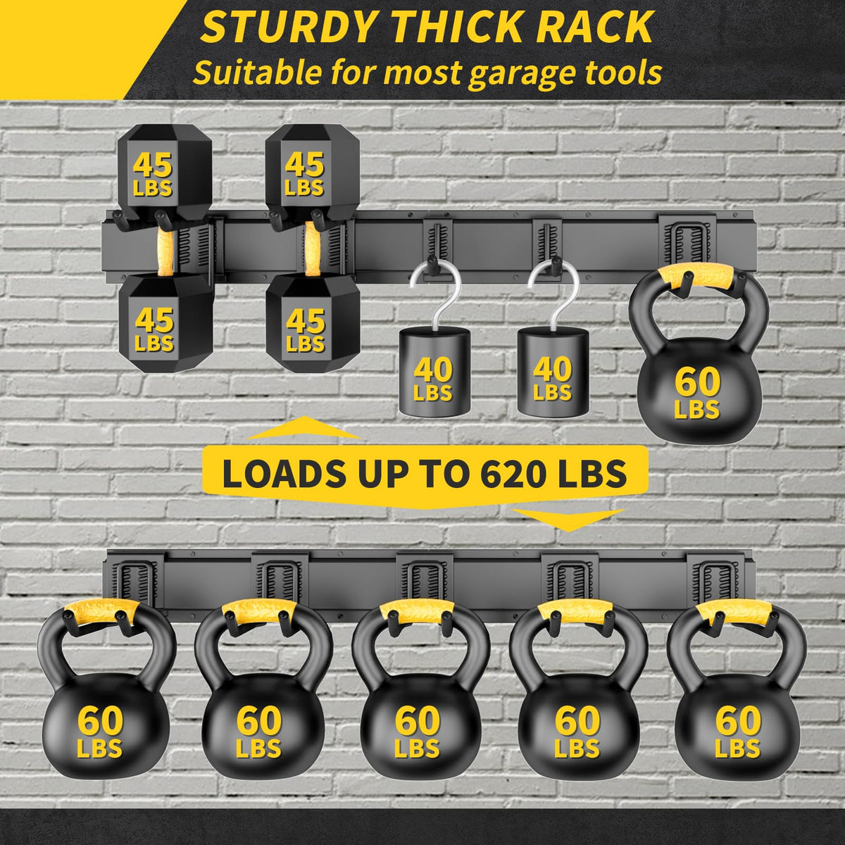 UUP heavy-duty garage tool hooks arranged for up to 620 lbs capacity on the wall