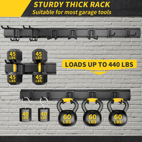 UUP seven-hook rail system showing versatile tool hanging and space-saving organization.
