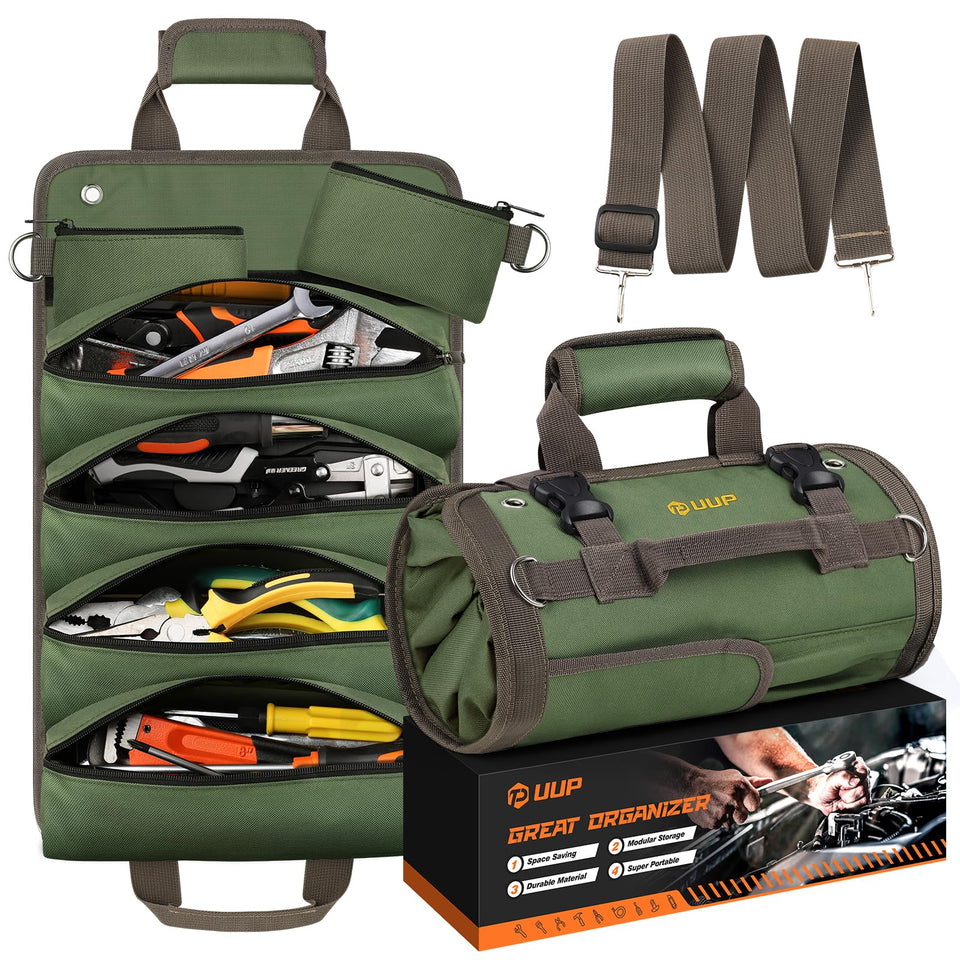 UUP Tool Bag Roll Up in green with organized compartments for quick tool access.