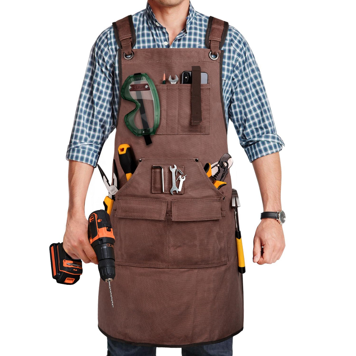 UUP Woodworking Apron in brown 20oz canvas protects clothing and tools.