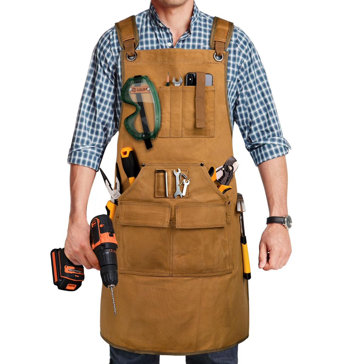 UUP woodworking apron with a 9-pocket layout for quick tool access.