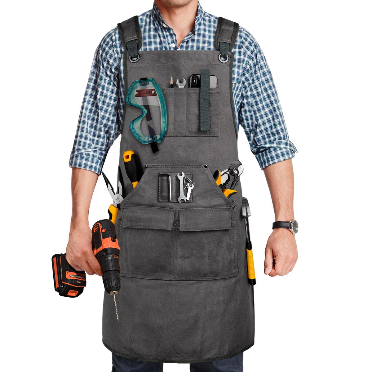 UUP woodworking apron front view with nine pockets for tool organization