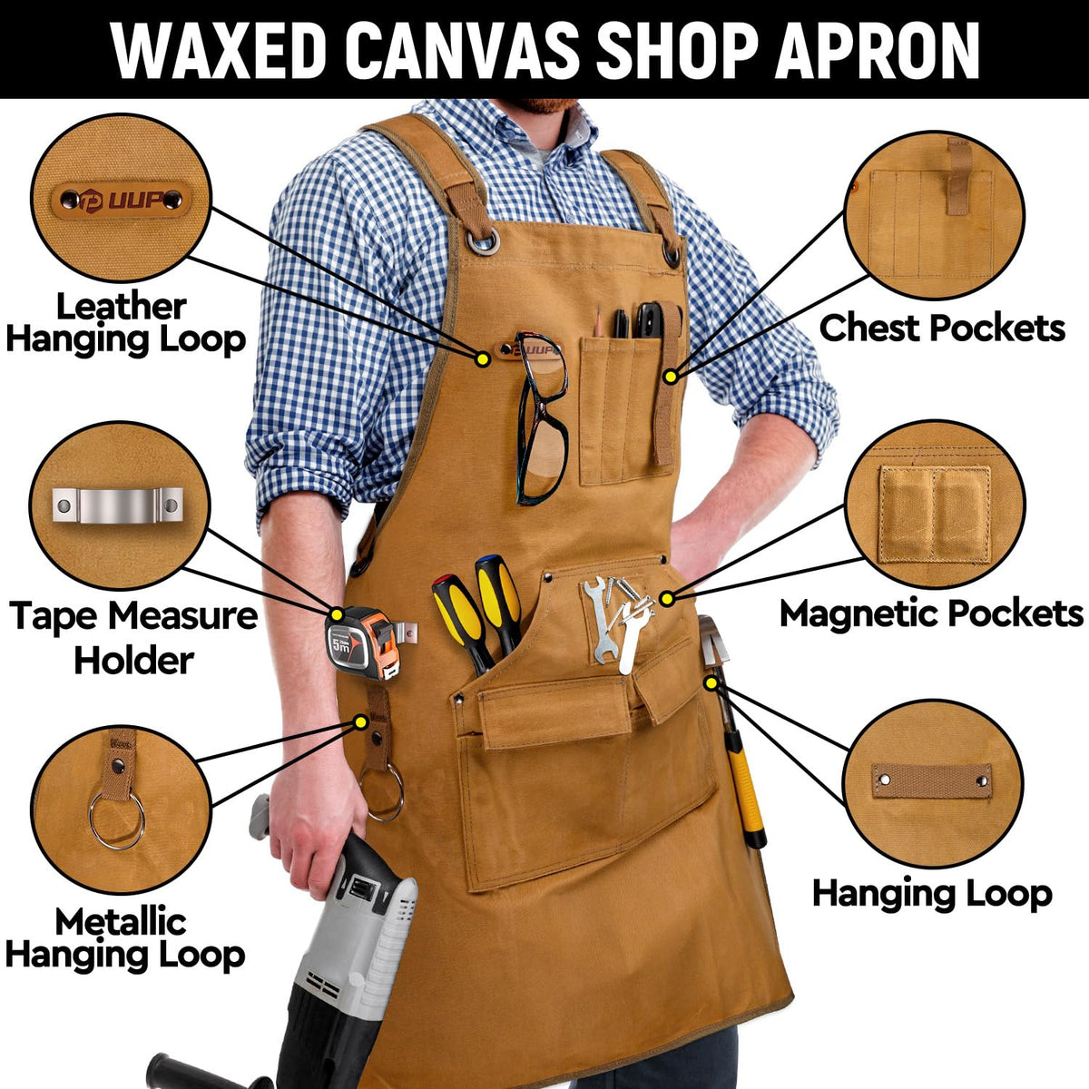 UUP apron magnetic pocket keeps screws and nails within reach.