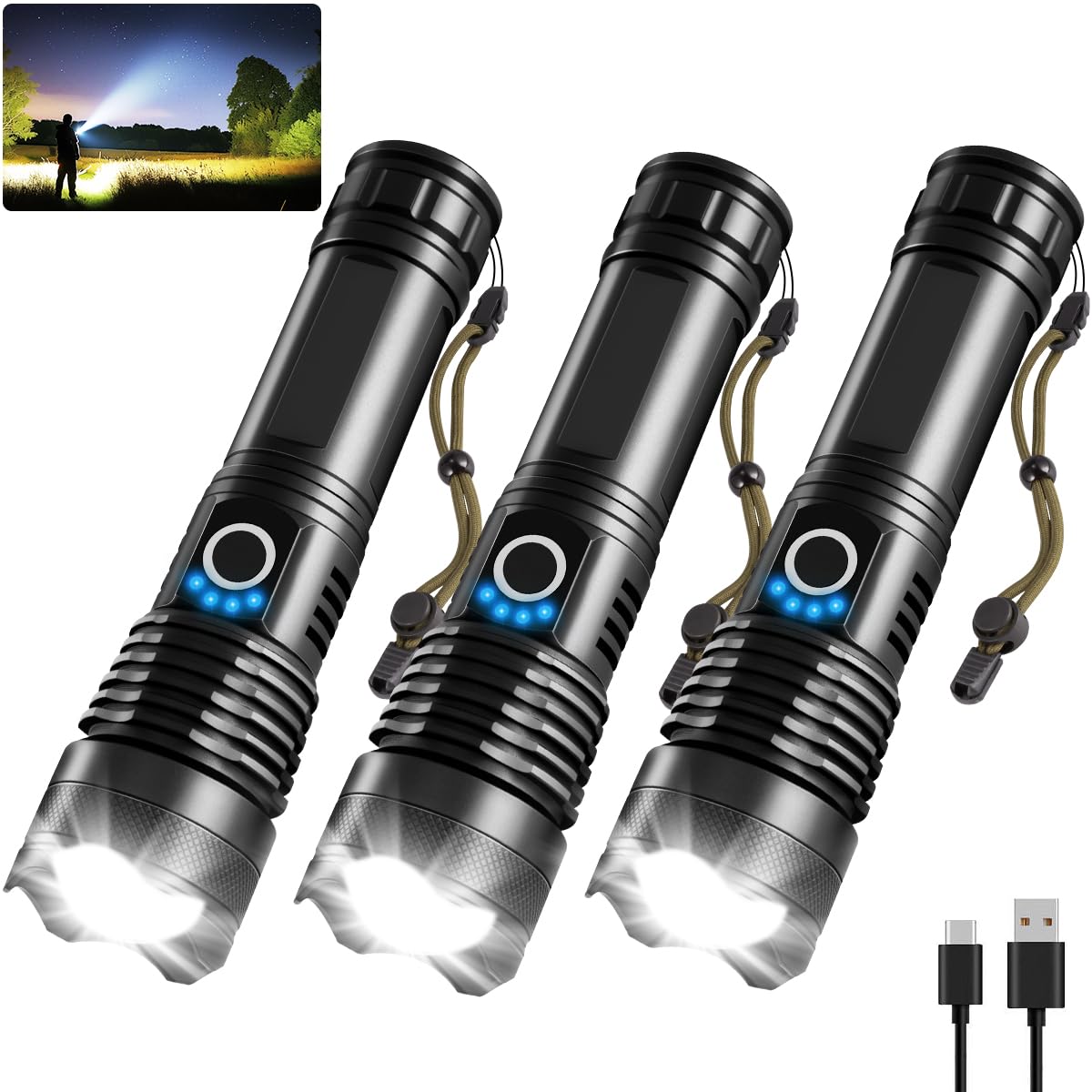 UUYEE 3-pack rechargeable flashlights with bright beams for home and outdoor use.