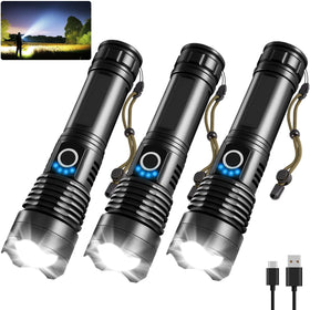 UUYEE 3-pack rechargeable flashlights with bright beams for home and outdoor use.