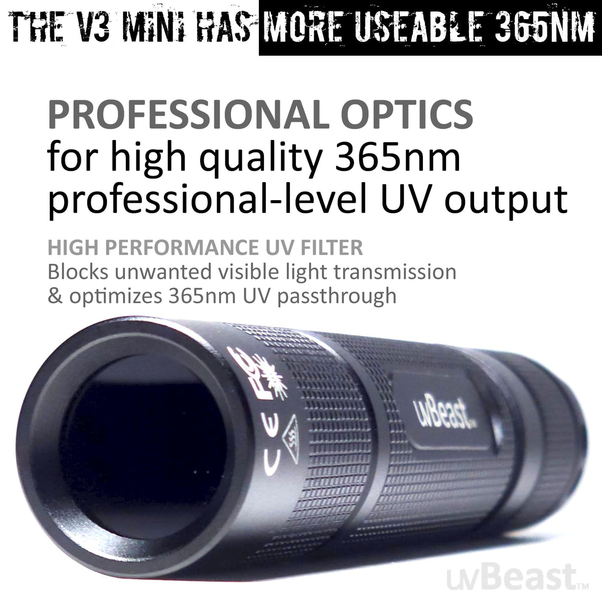 uvBeast New V3 365nm MINI pocket-size in hand highlights portability.