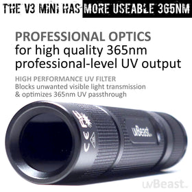 uvBeast New V3 365nm MINI pocket-size in hand highlights portability.