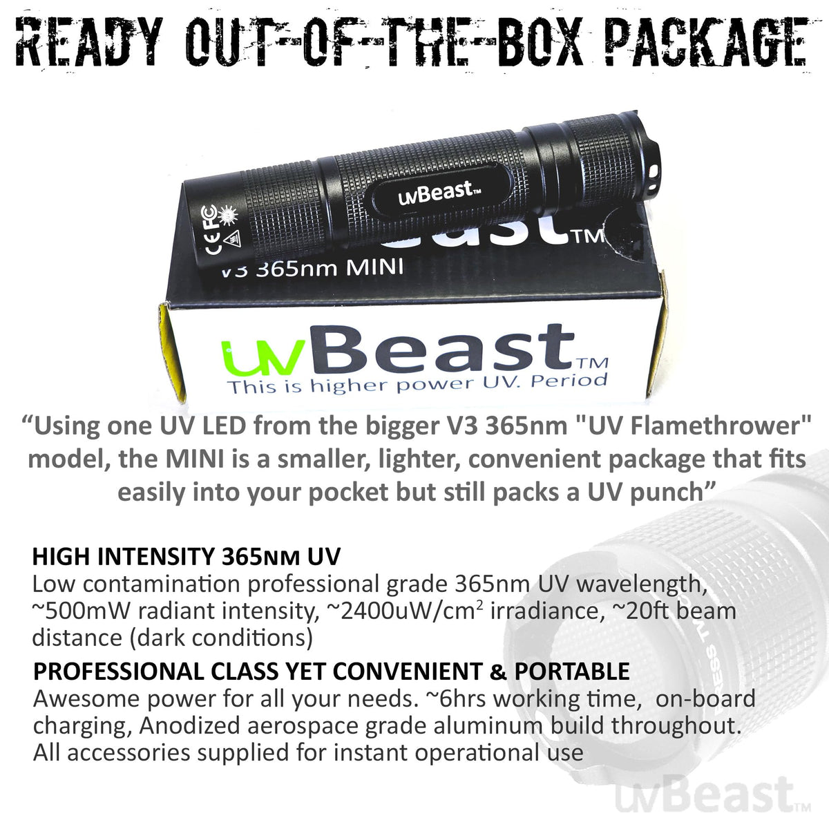 uvBeast New V3 365nm MINI side profile emphasizes compact footprint.