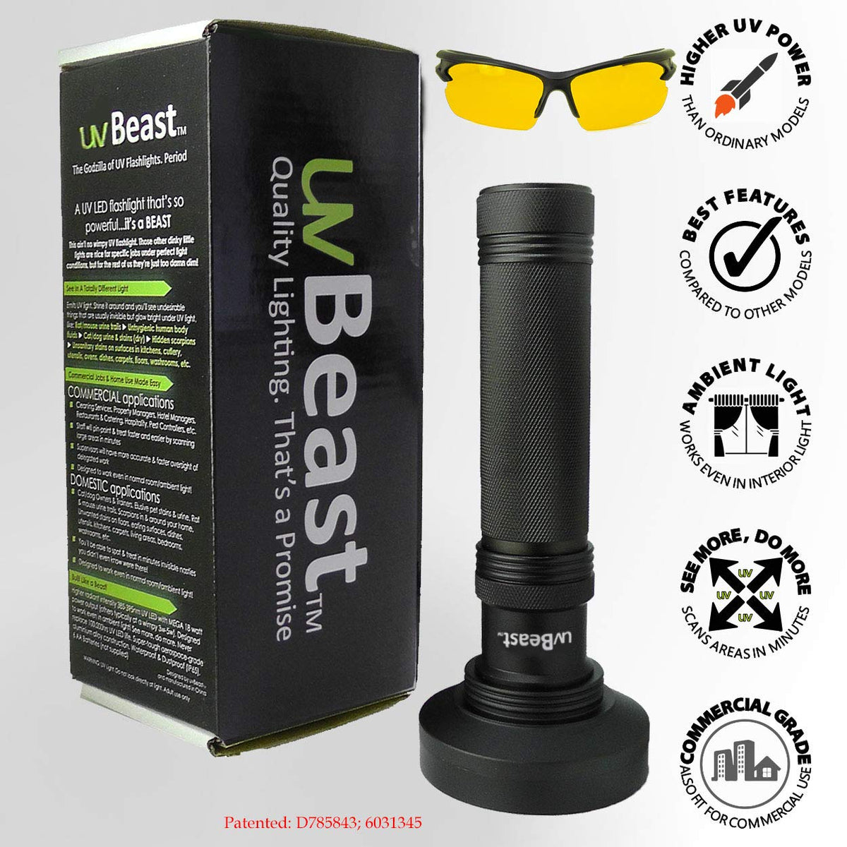 uvBeast UV flashlight 30-foot flood beam reveals hidden features in larger areas.