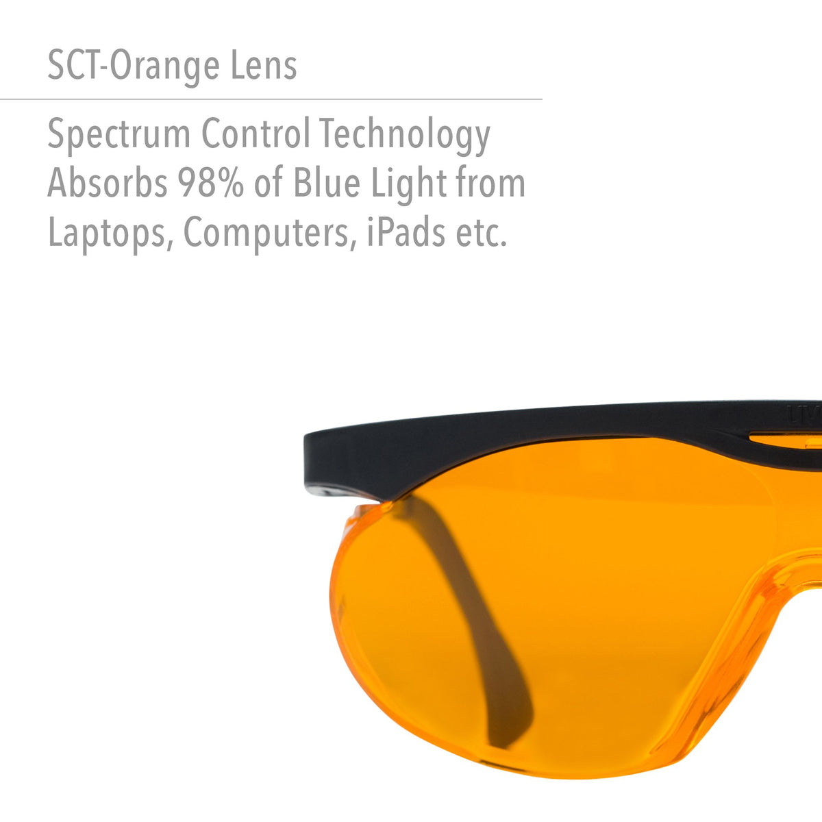 Uvex Skyper orange-lens close-up showing blue light absorption and enhanced contrast