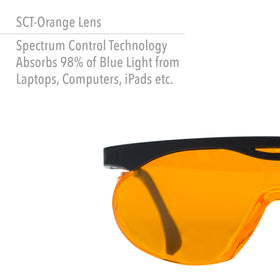 Uvex Skyper orange-lens close-up showing blue light absorption and enhanced contrast