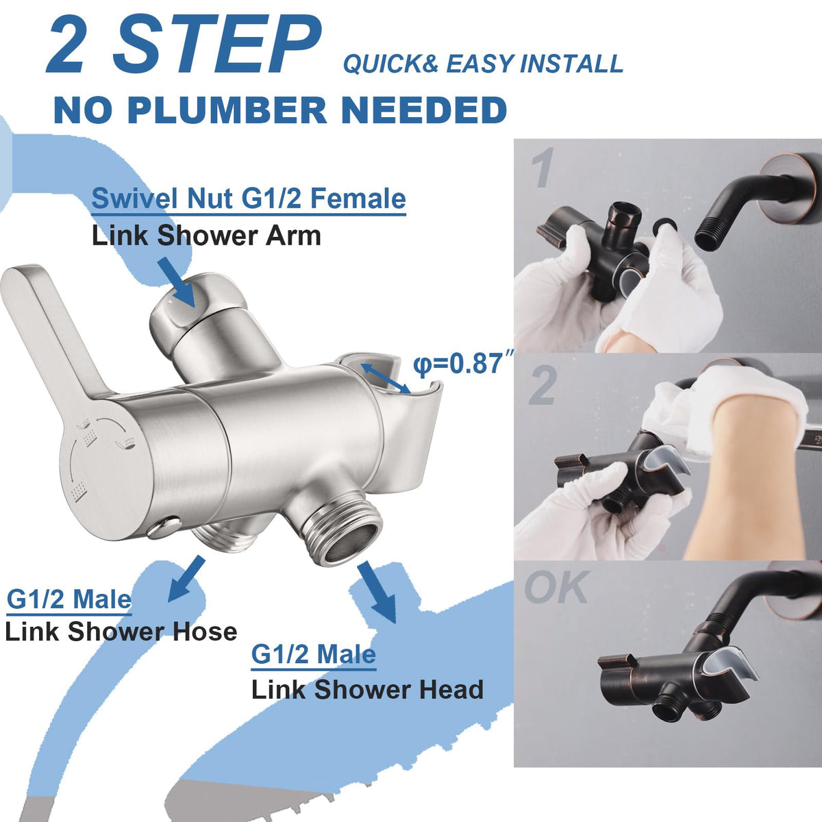 Uvish shower arm diverter with 360° swivel for precise aim