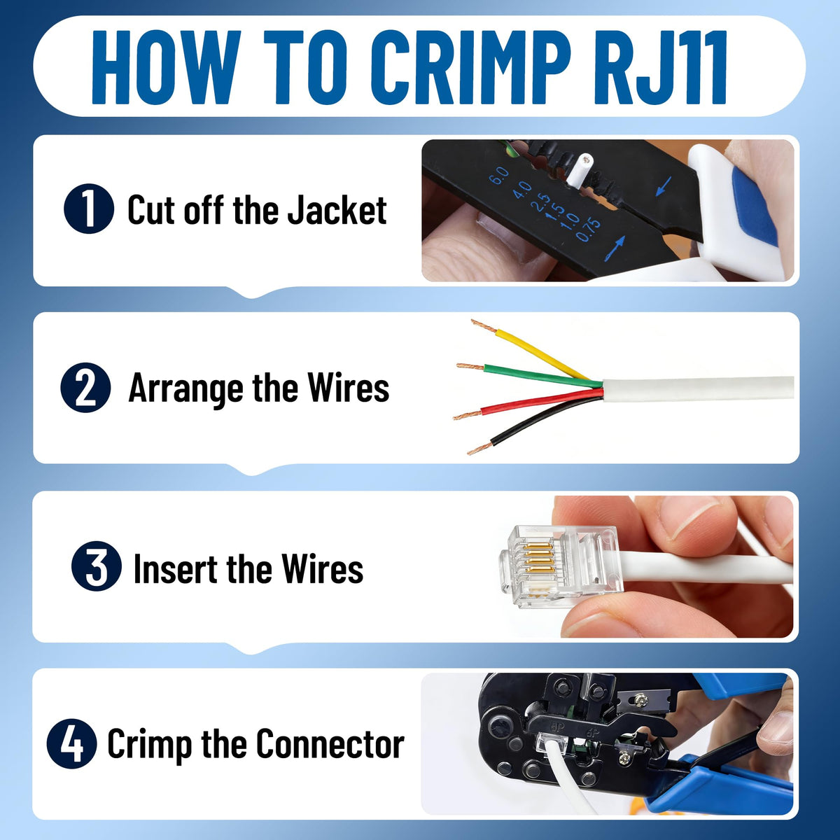 Uvital RJ11 plug supports 24–28 AWG cables for easy installation