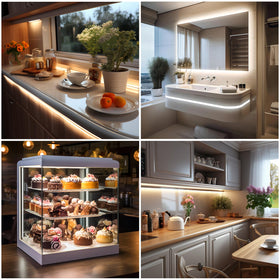 Display cabinet lighting using UVTaoYuan strips to highlight products.