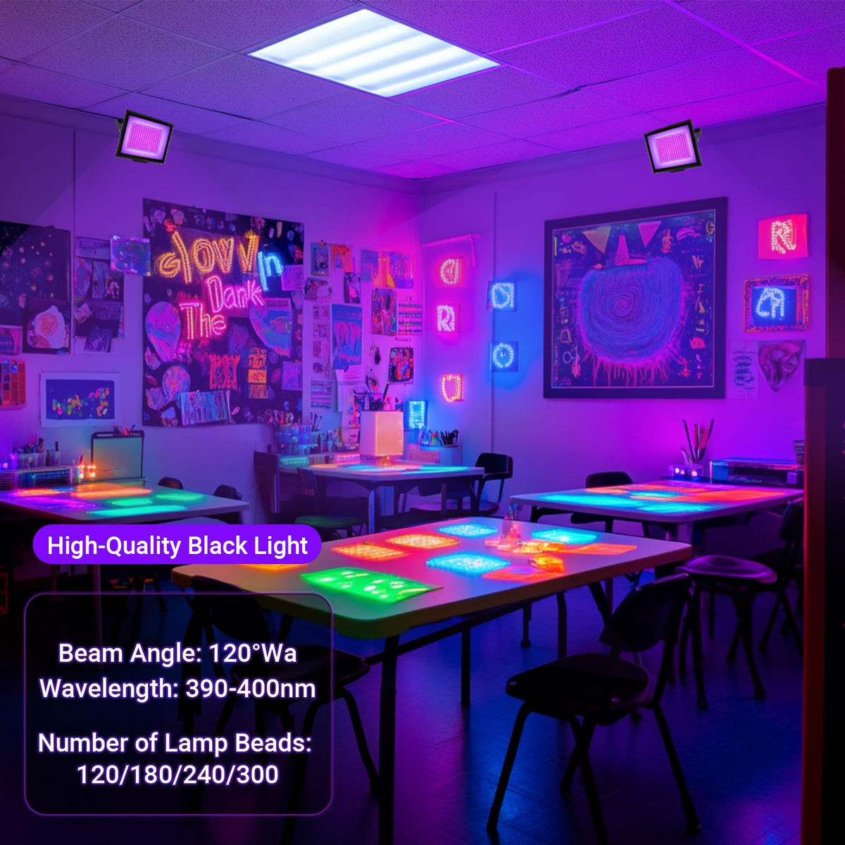 uwiner stage lighting for glow posters and art projects with vibrant fluorescents.