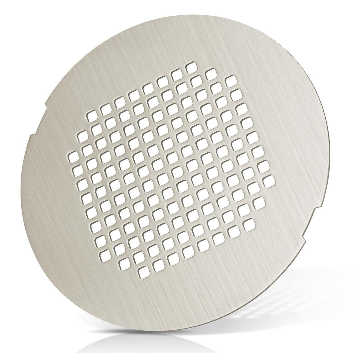 Uxoz shower drain cover with brushed silver front keeps hair out while maintaining a sleek look