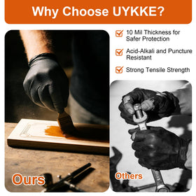 UYKKE nitrile gloves resist liquids and chemicals without sacrificing dexterity.