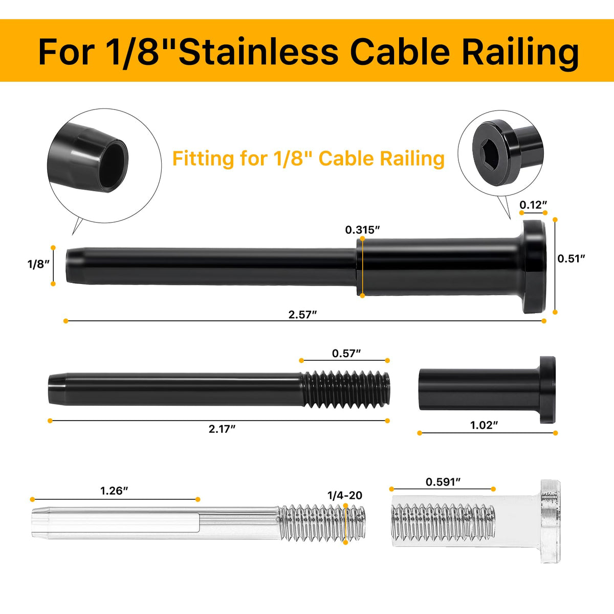 UZE swage stud end in black finish anchors 1/8 inch cable securely