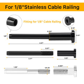 UZE swage stud end in black finish anchors 1/8 inch cable securely