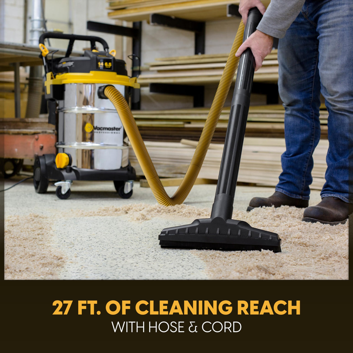 Vacmaster Beast VJE1412SW kink-resistant hose enables flexible movement.
