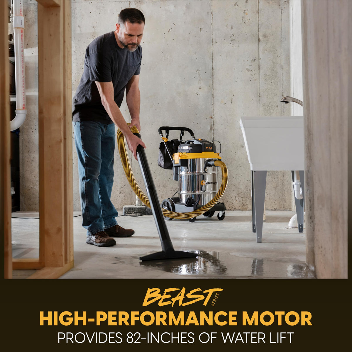 Vacmaster Beast VJE1412SW on-board storage keeps hoses and tools organized.