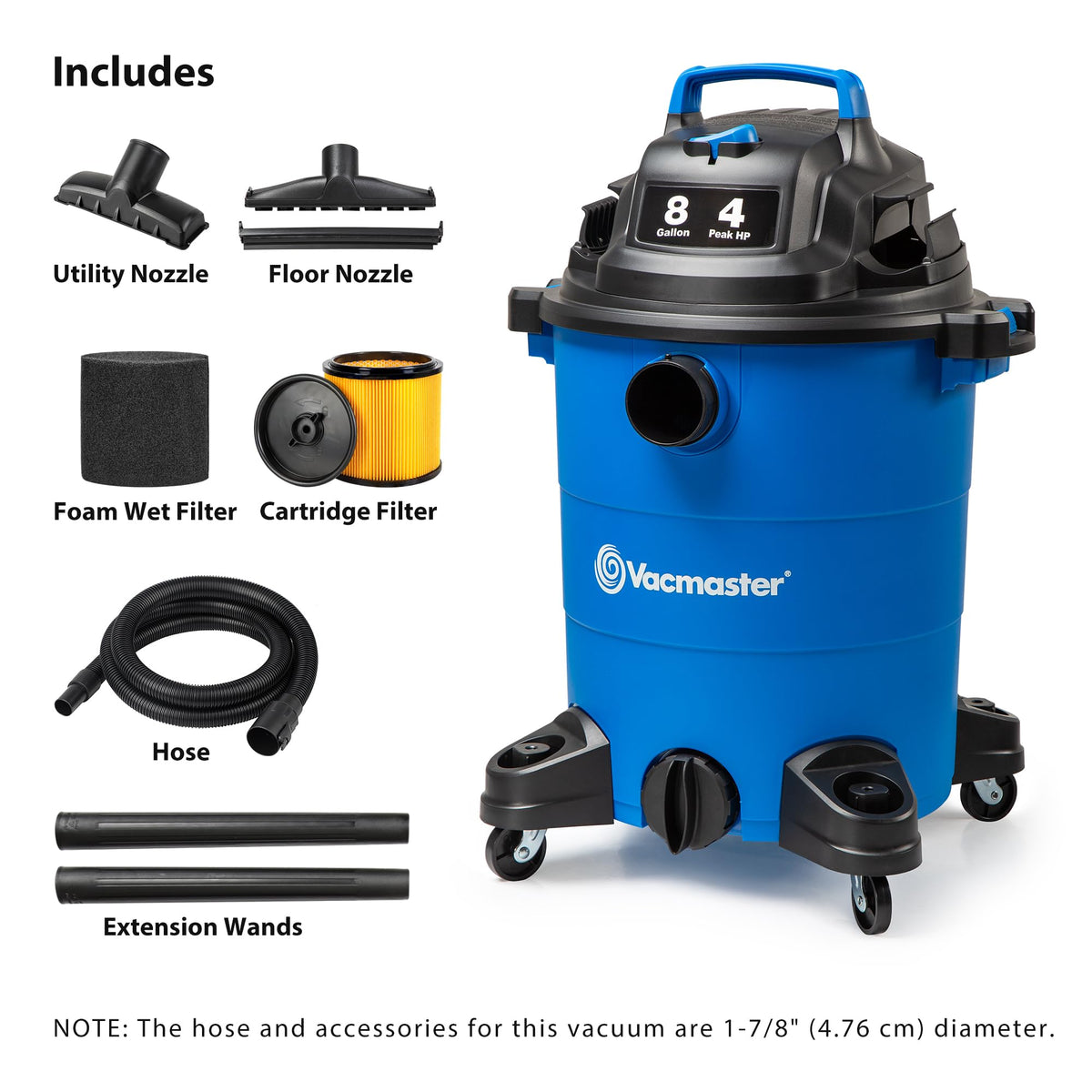 Vacmaster Blue Edition 8-Gallon vacuum hose for thorough debris pickup.