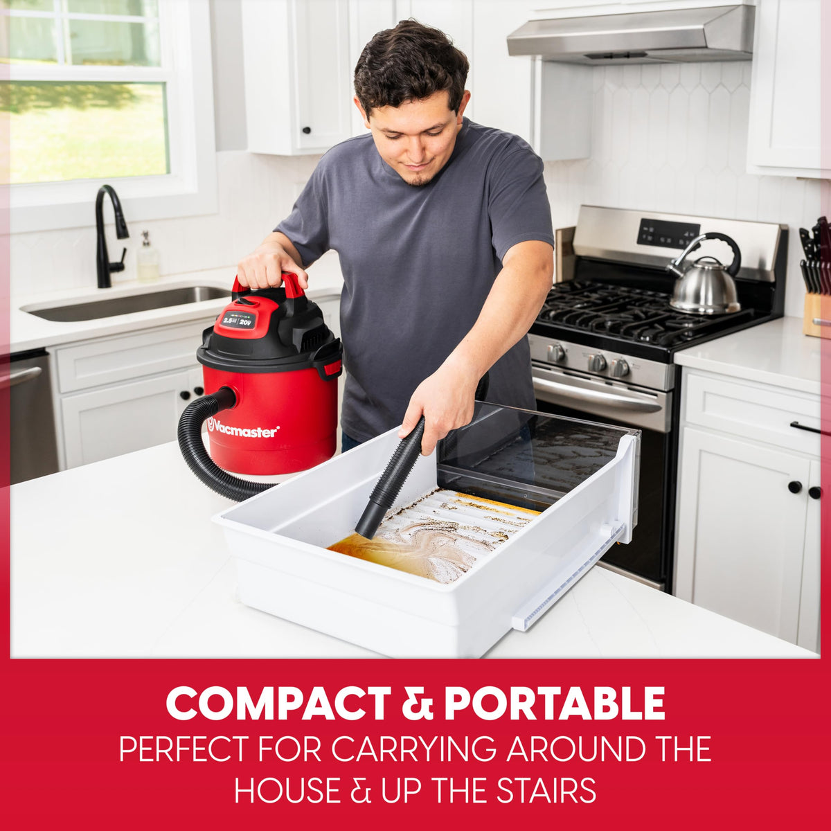 Vacmaster DVOM202P on-board storage keeps hose and cords tidy.