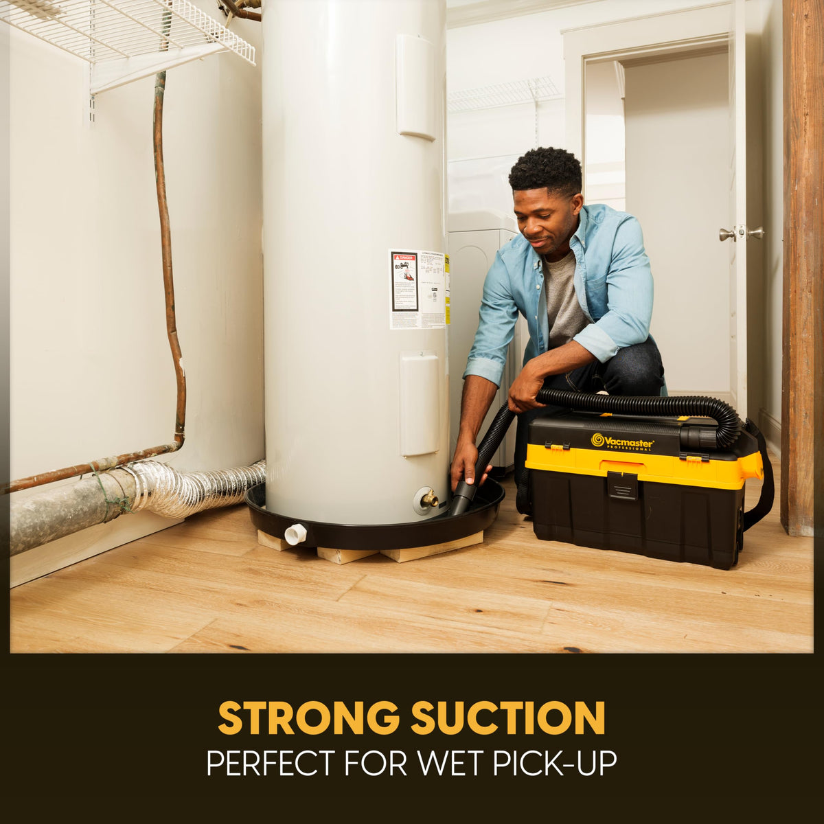 Vacmaster Pro shoulder strap enables hands-free carrying during messy jobs.