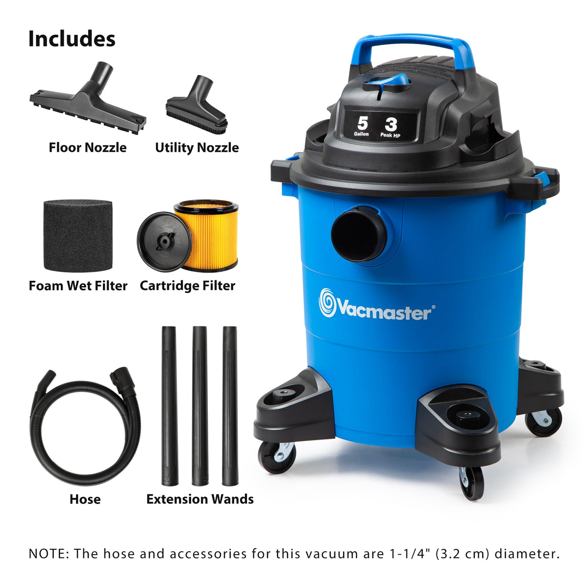Vacmaster shows 65 CFM airflow for powerful debris pickup.