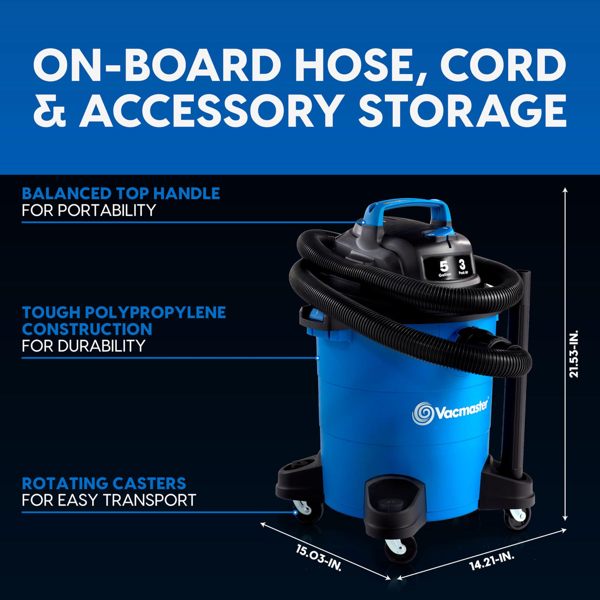 Vacmaster cartridge filter enables efficient dry pickup.