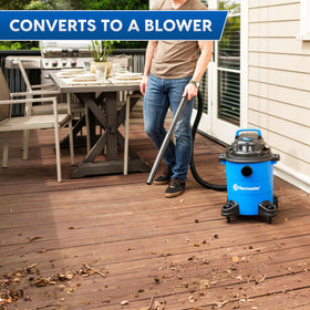 Vacmaster top handle and wide casters enable easy portability.