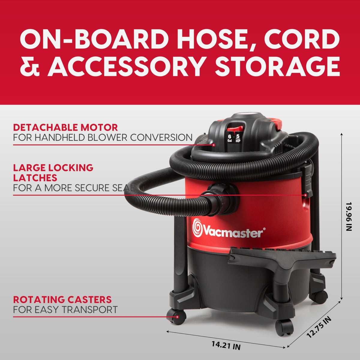 Vacmaster VBVB611PF onboard storage for hoses and tools during cleanup