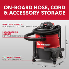 Vacmaster VBVB611PF onboard storage for hoses and tools during cleanup