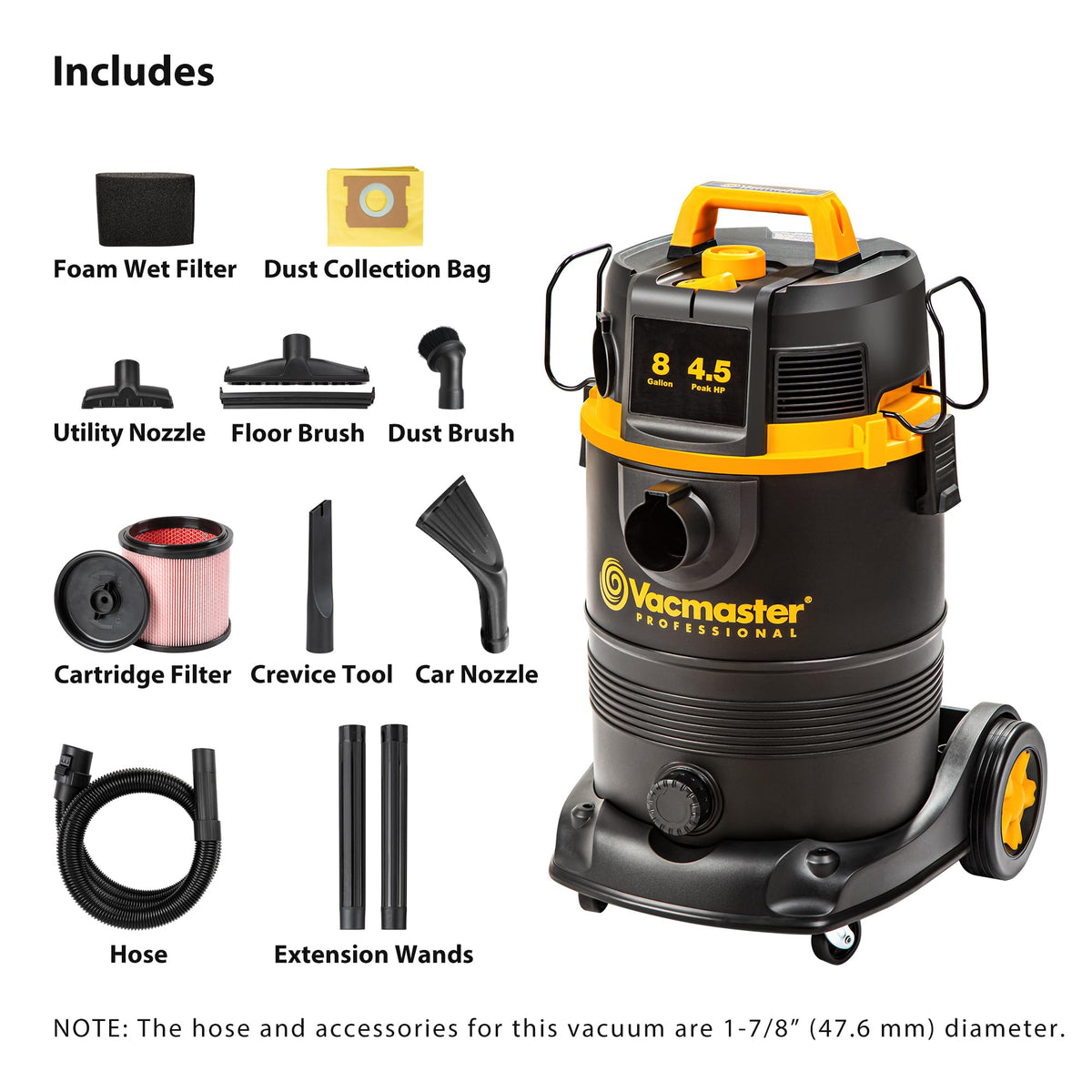 Vacmaster VDK811PW cartridge filter captures fine dust down to one micron.