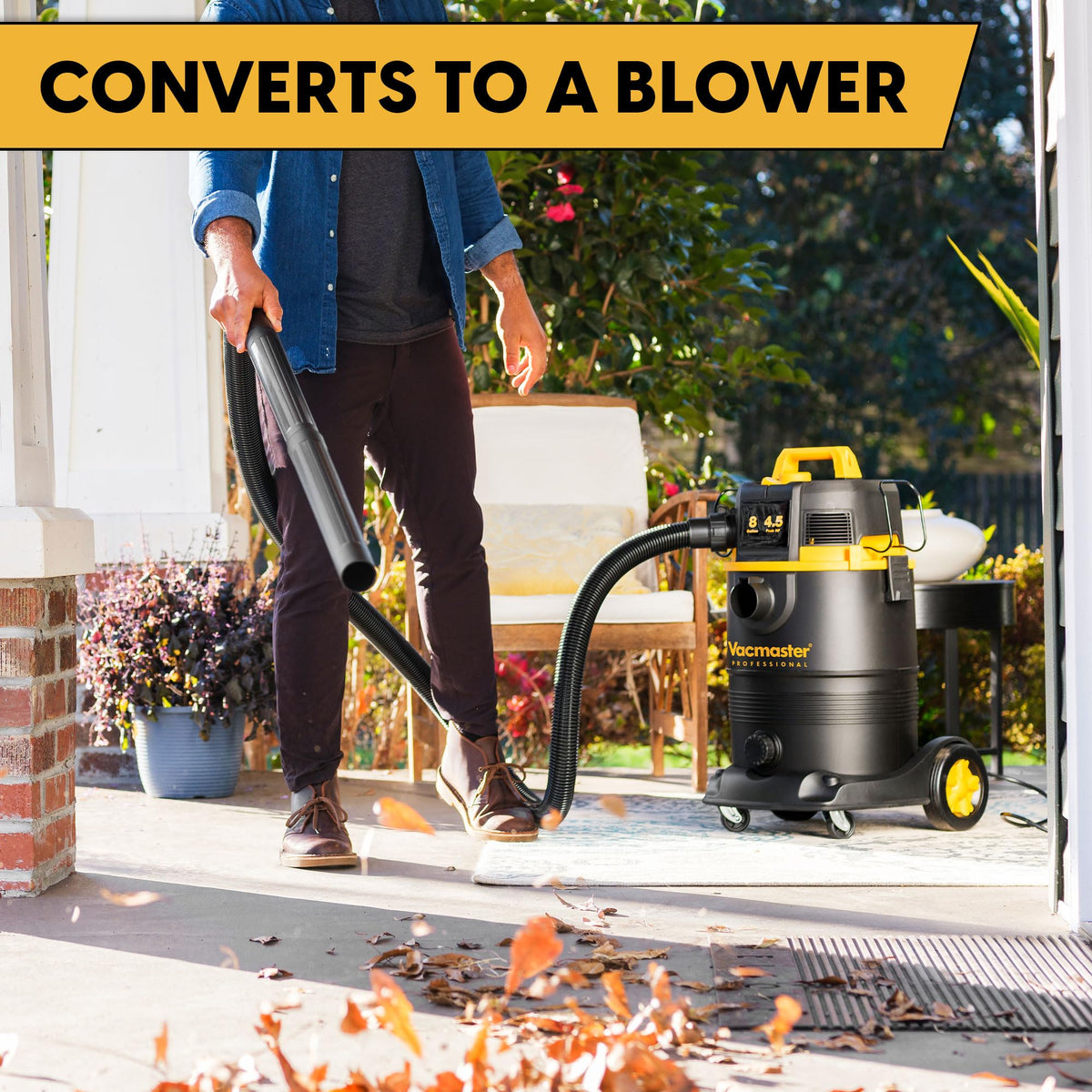 Vacmaster VDK811PW large wheels and casters for easy maneuverability.