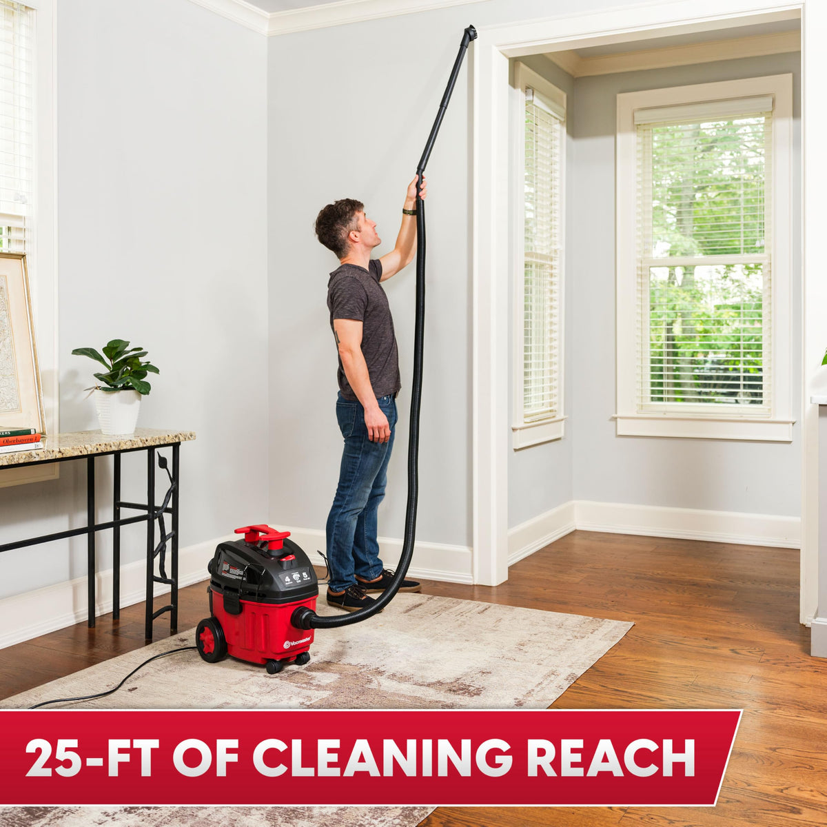 Vacmaster VF408B 25 foot reach reaches corners, stairs, and furniture edges