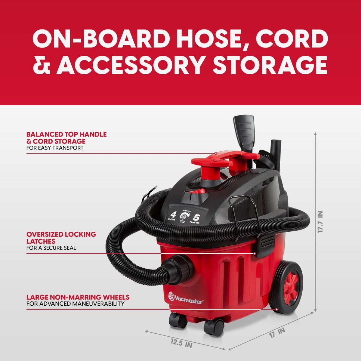Vacmaster VF408B onboard storage keeps hose, cord, and tools organized