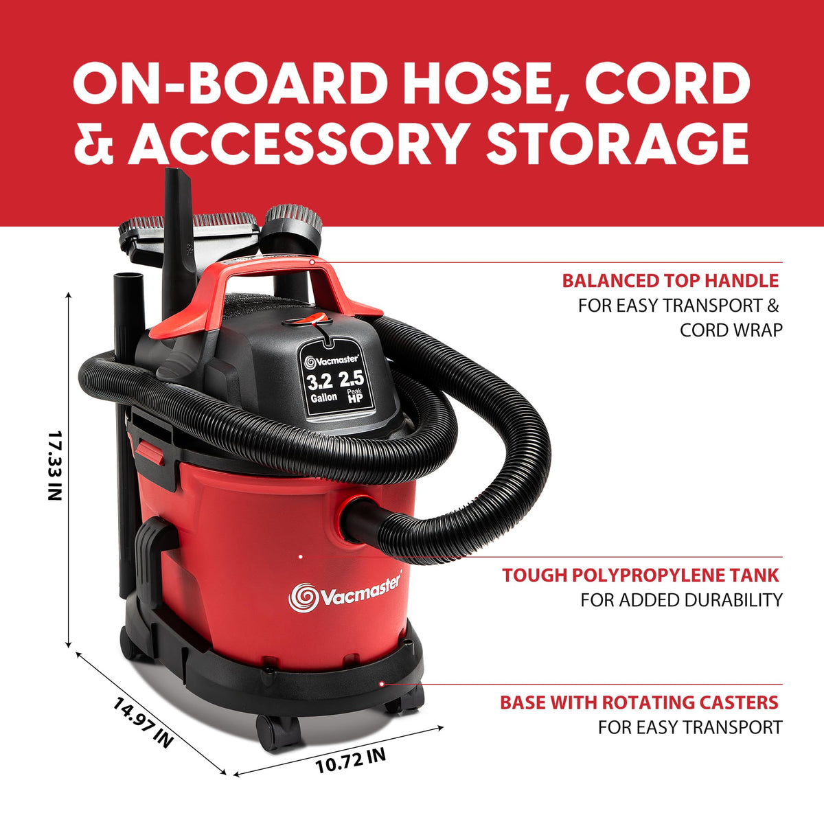 Vacmaster VHB305M accessories-storage keeps tools neatly in reach.